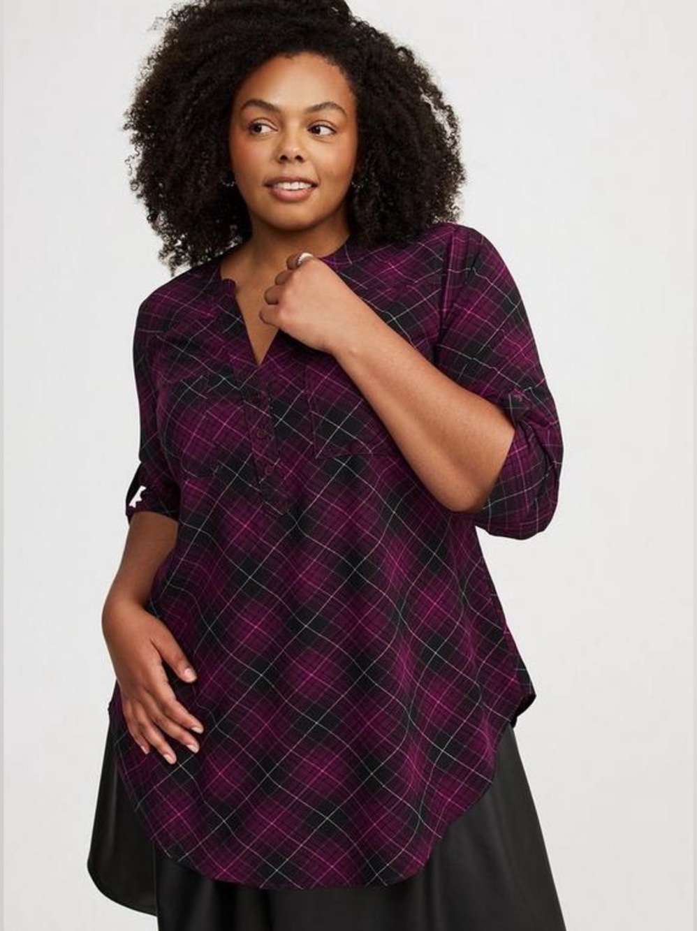 torrid Purple Plaid 3/4 Sleeve Button Front Tunic Top